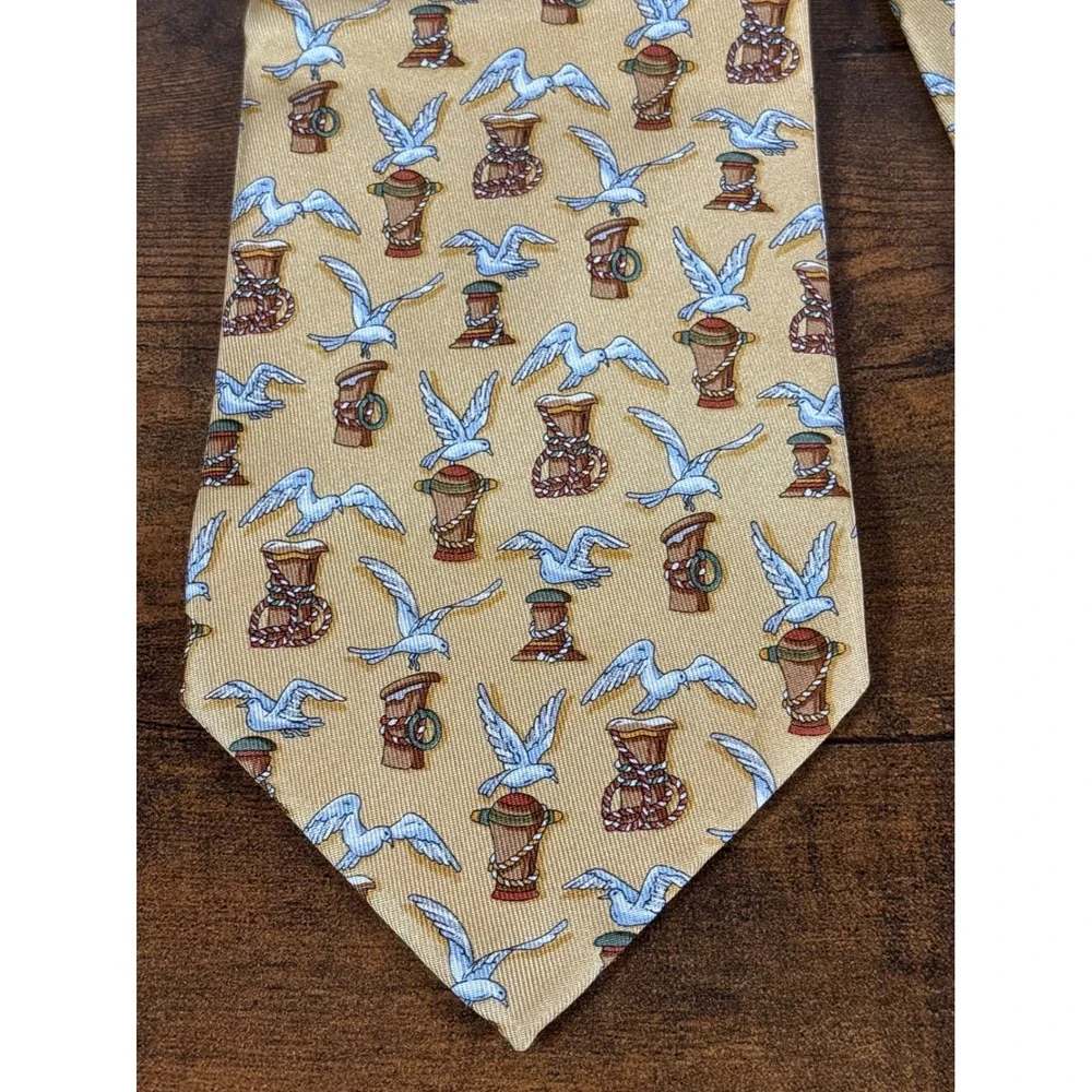 Salvatore Ferragamo Mens Yellow Silk Nautical Seagull Anchor Tie Made in Italy